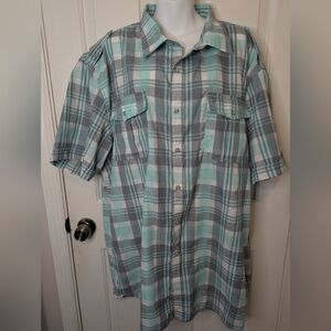 Attitude Gold Mens 4XL Short Sleeve Shirt Button Up 100% Cotton Mint Gray Plaid
